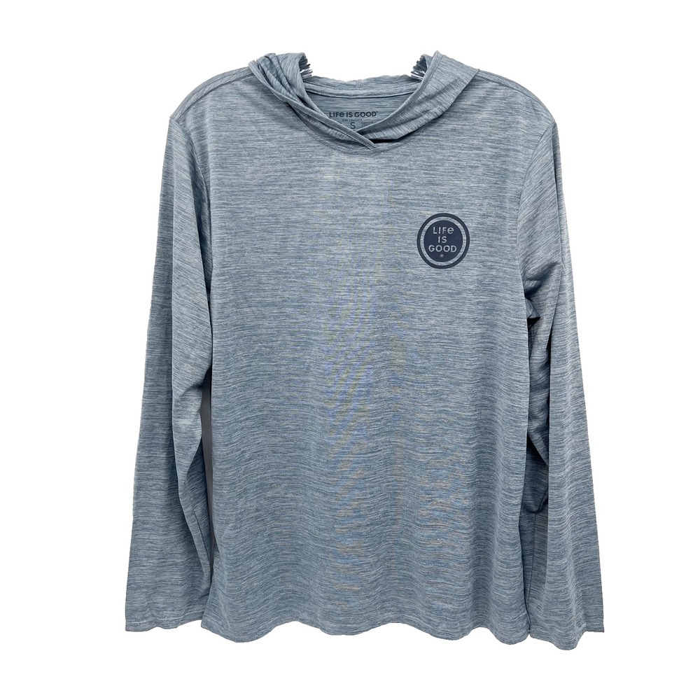 LIFE IS GOOD Men's Sz Small Blue FISH MORE WORRY LESS UPF 50+ Hooded Sun Crusher